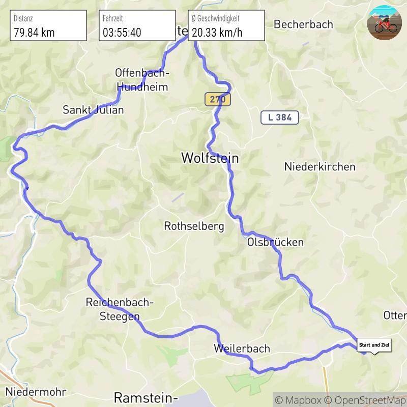 Karte einer aufgezeichneten Radtour durch die Westpfalz. Angezeigt werden 79,84 km Distanz, 3:55:40 Fahrzeit und 20,33 km/h Durchschnittsgeschwindigkeit.